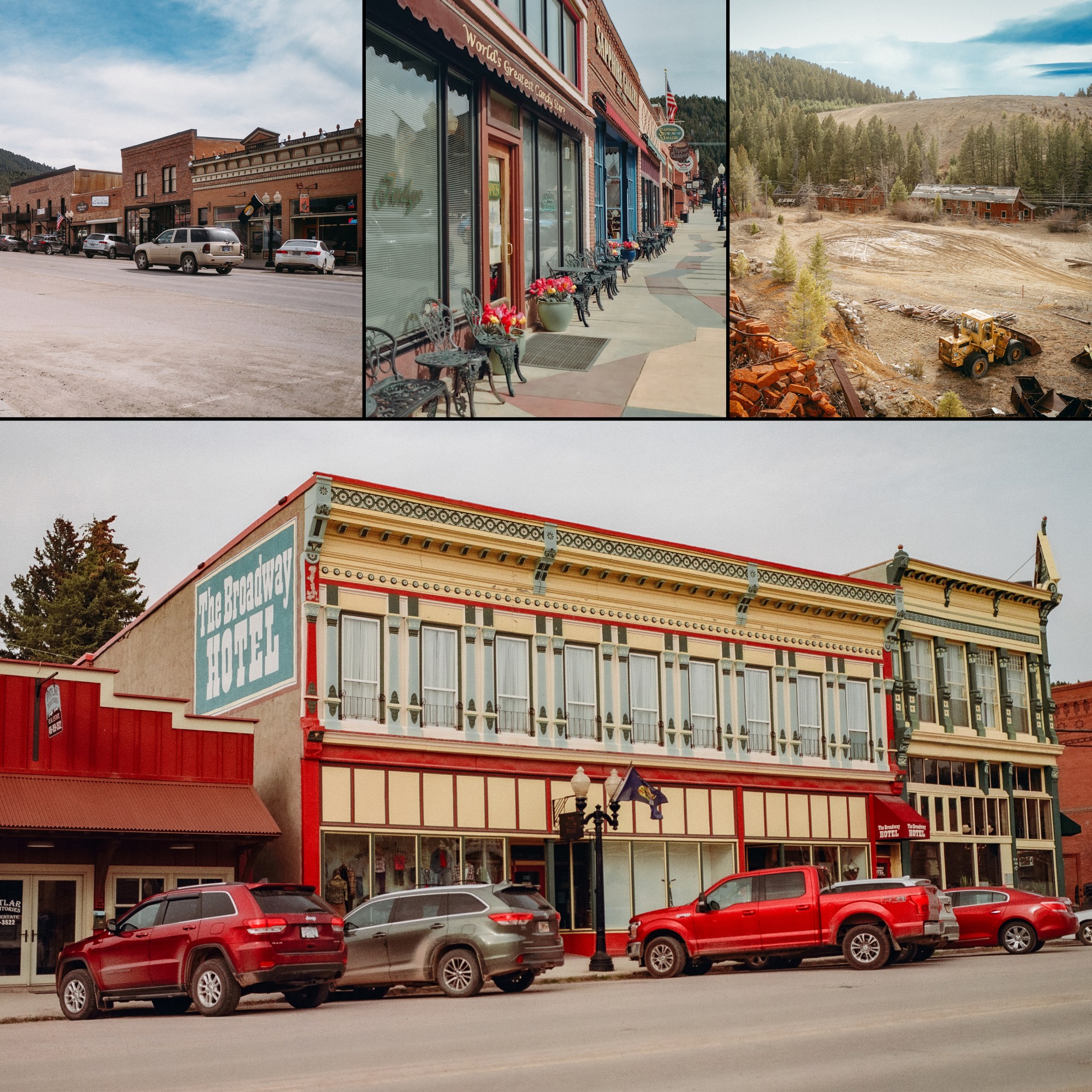 # Alt Text A collage displays four images of a historic Western town featuring red brick storefronts with Victorian architecture, a tree-lined main street with parked vehicles, a downtown boardwalk with flower planters, and a construction site with heavy equipment in a forested mountain valley.
