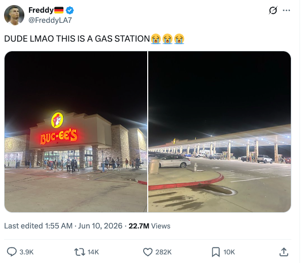 A split-screen comparison of a Buc-ee's convenience store at night on the left and its expansive gas station canopy on the right, with the post's caption expressing amazement at the station's size.